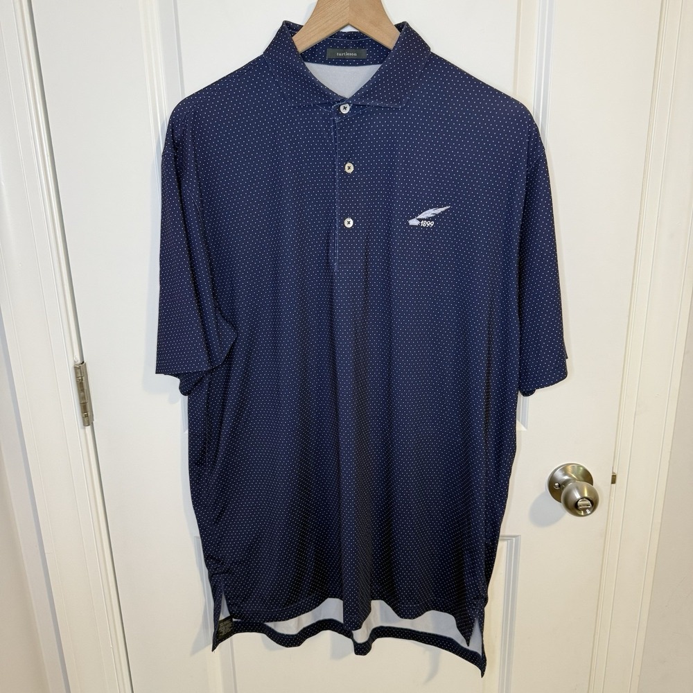 Turtleson Mens L Blue PolkaDot Golf Performance Polo West Penn Golf 1899 Feather